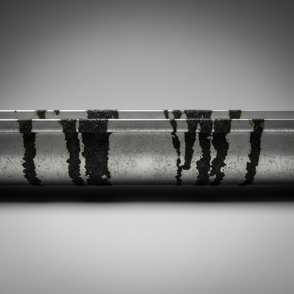 Aluminum gutters with black oxidation tiger stripes before treatment