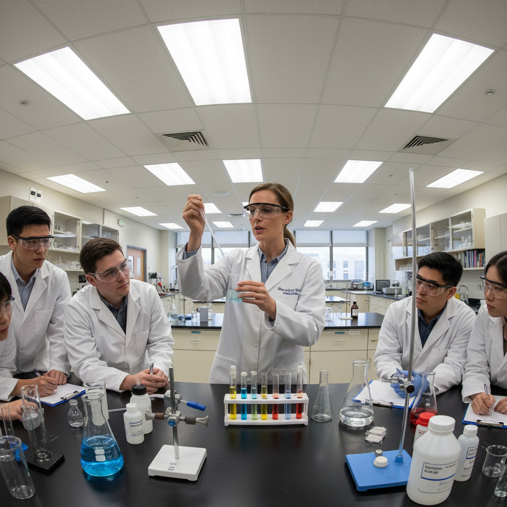 Training session in laboratory environment with instructor demonstrating chemical testing procedures
