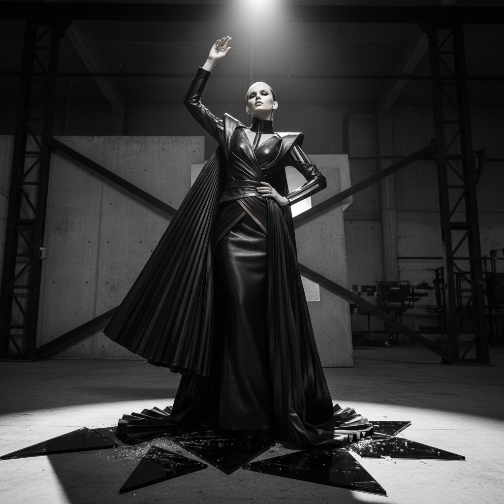 Luxury fashion editorial art direction, dramatic shadows, high contrast black and white photography