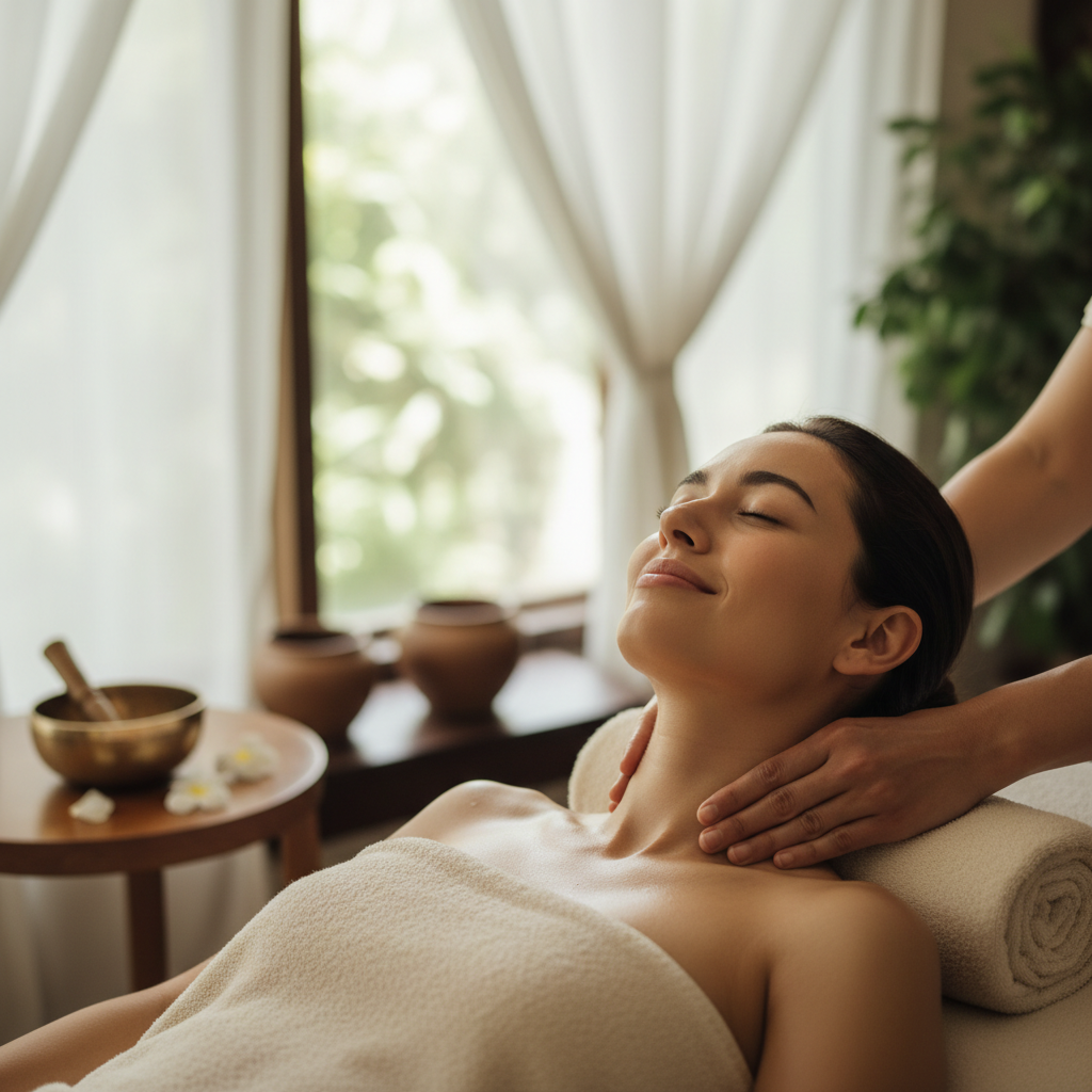 Relaxing head and shoulder massage to relieve stress in a serene spa room