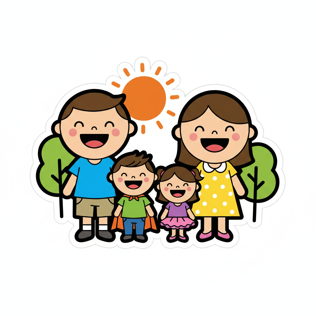 Finger painting of a family of four with bright colors and large smiling faces