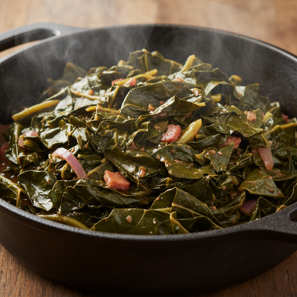 Close-up of braised collard greens glistening with steam