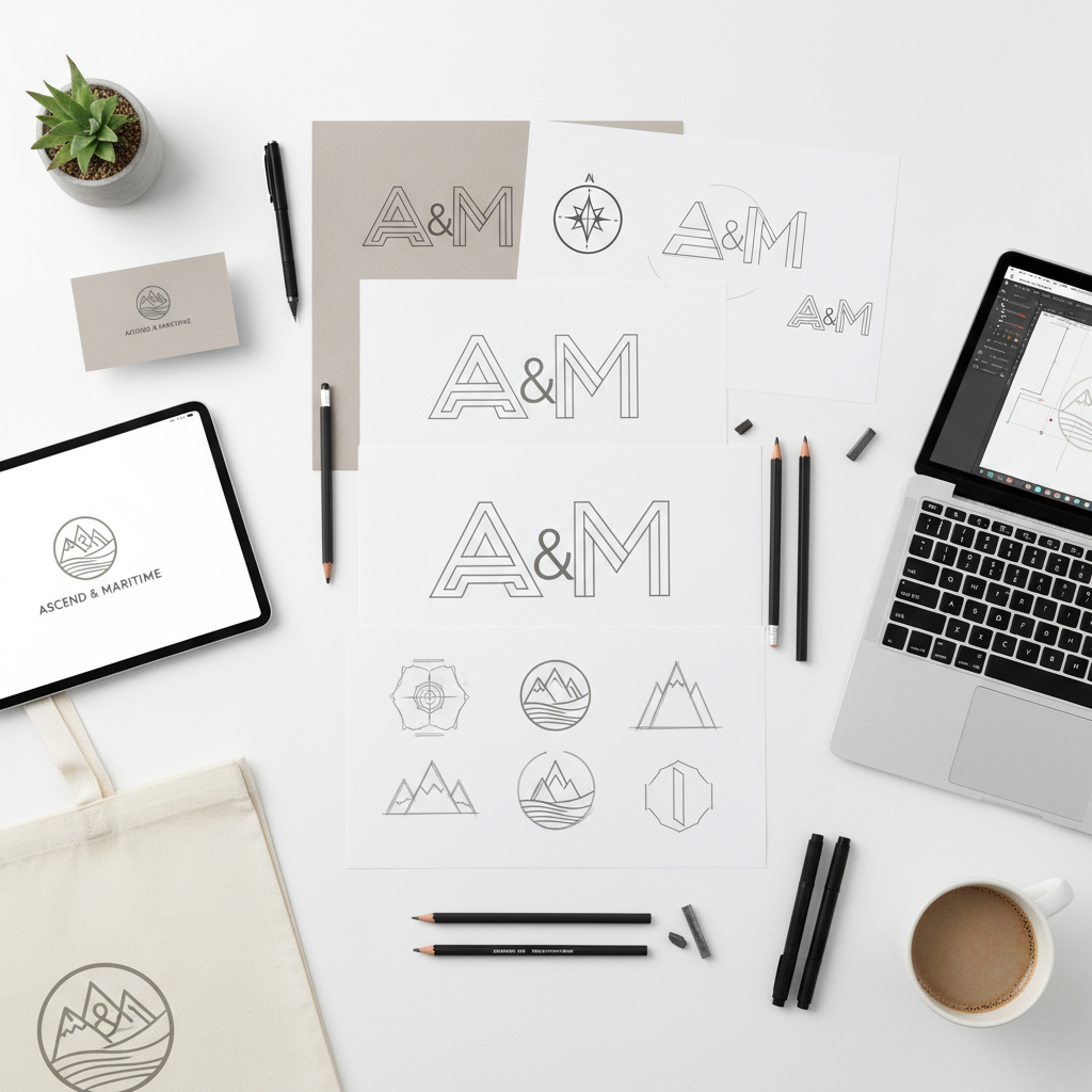 Logo design sketches and digital mockups on bright studio desk with pencils and tablet