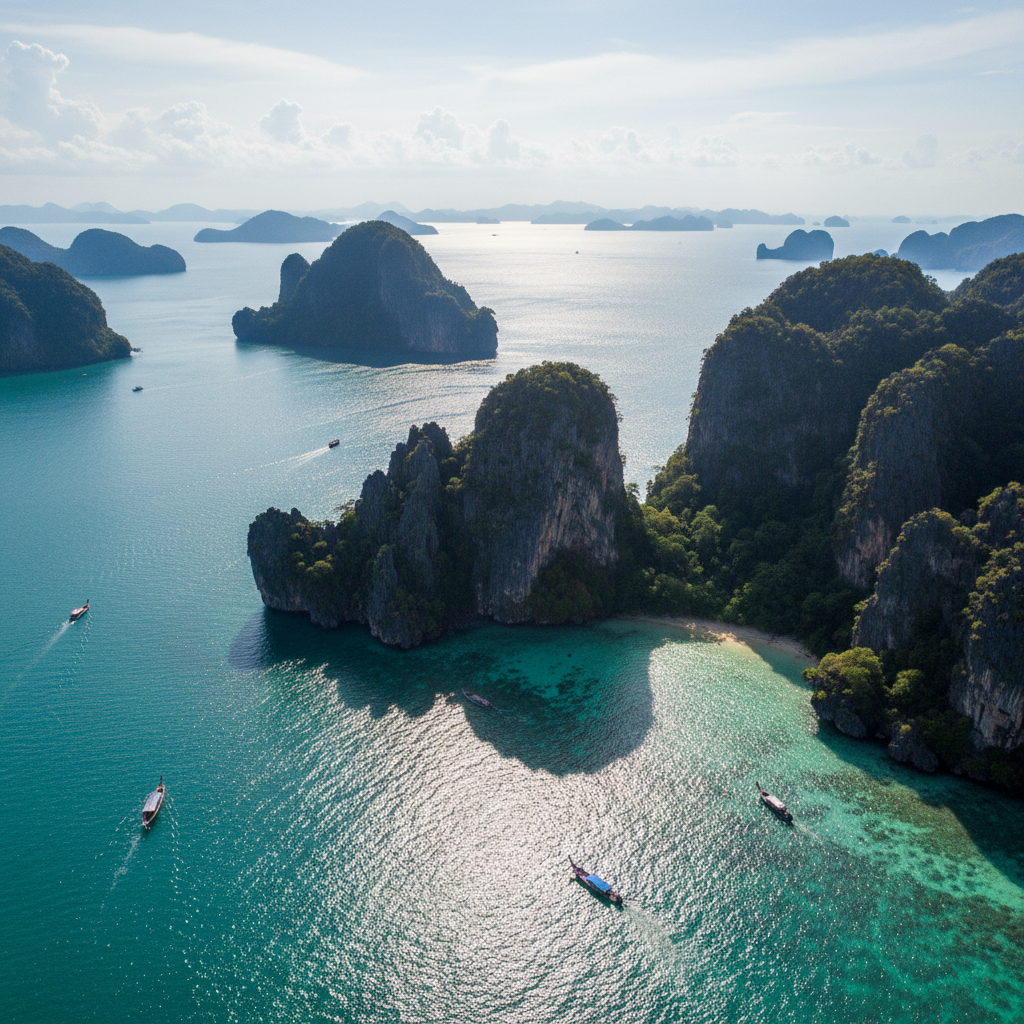 Phuket limestone karsts emerald bay golden hour dramatic shadows