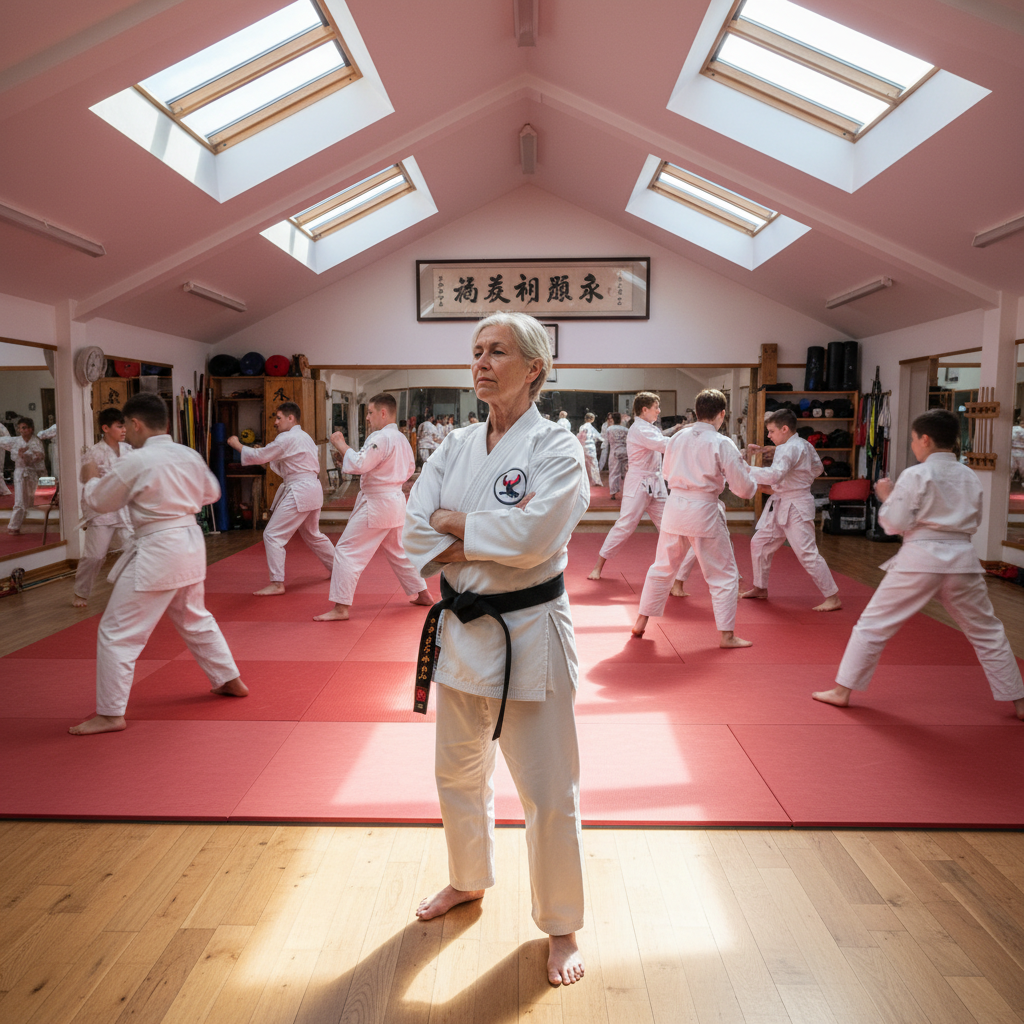 Young female karate instructor in white gi, bright and friendly expression, clean dojo background