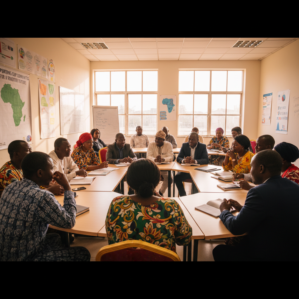 African community leaders gathered in a conference hall, warm lighting, formal attire, engaged discussion