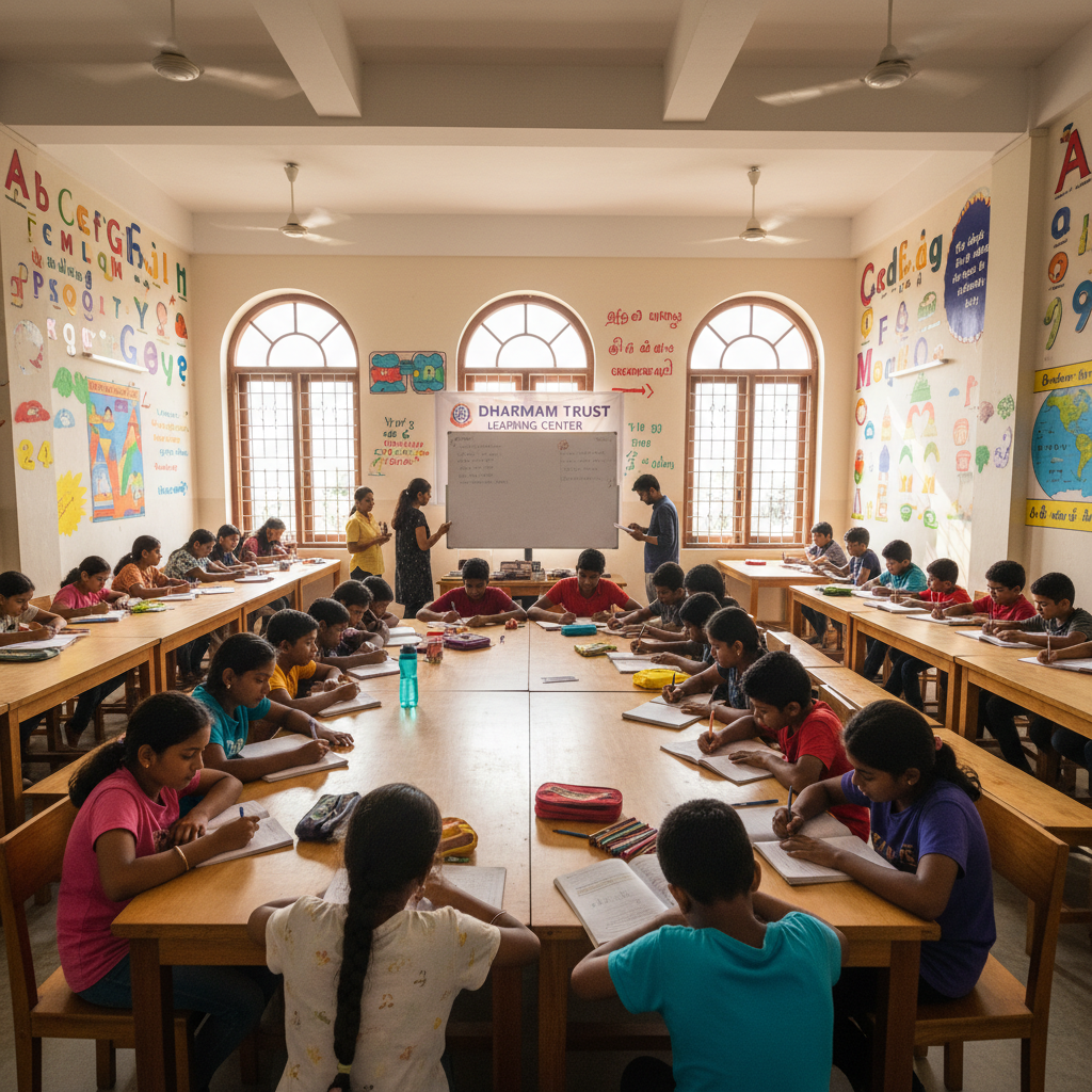 Indian children learning together in a classroom supported by Dharmam Charitable Trust in Chennai