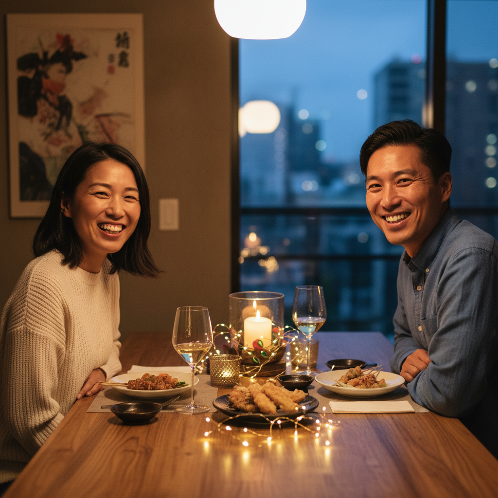 Japanese American couple smiling warmly at dinner table