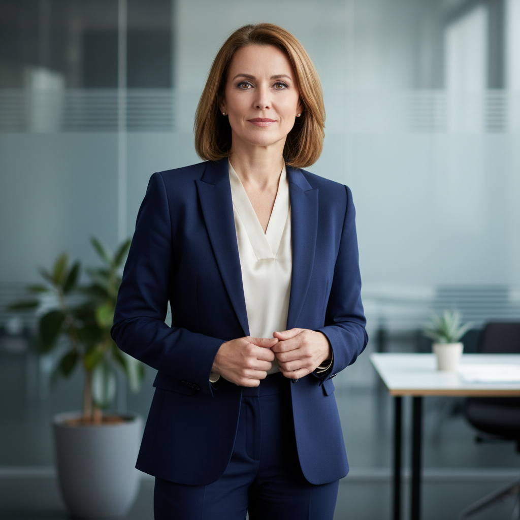 Professional manager in business attire, corporate office setting, confident professional portrait