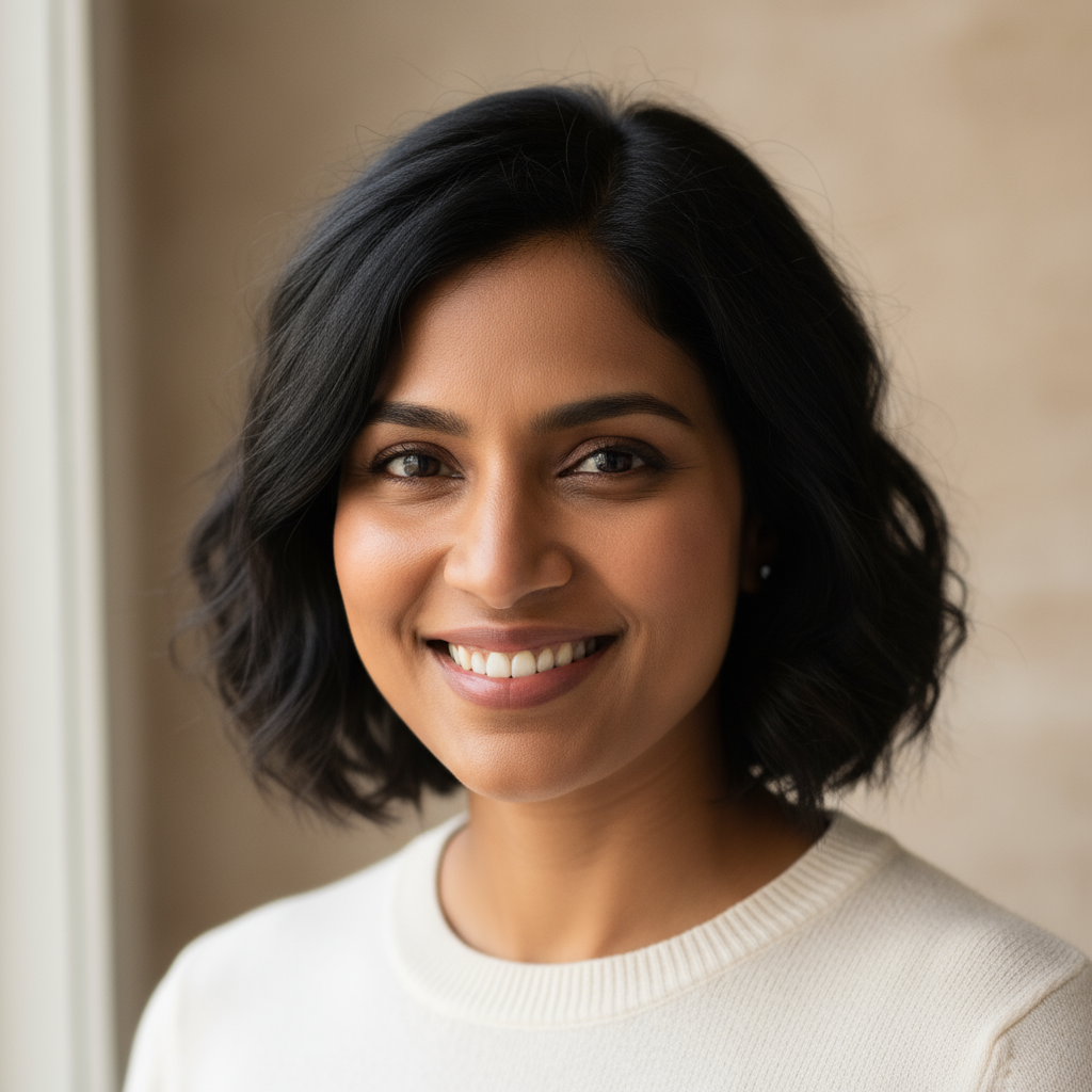 South Asian woman with dark hair smiling confidently, professional setting, warm lighting