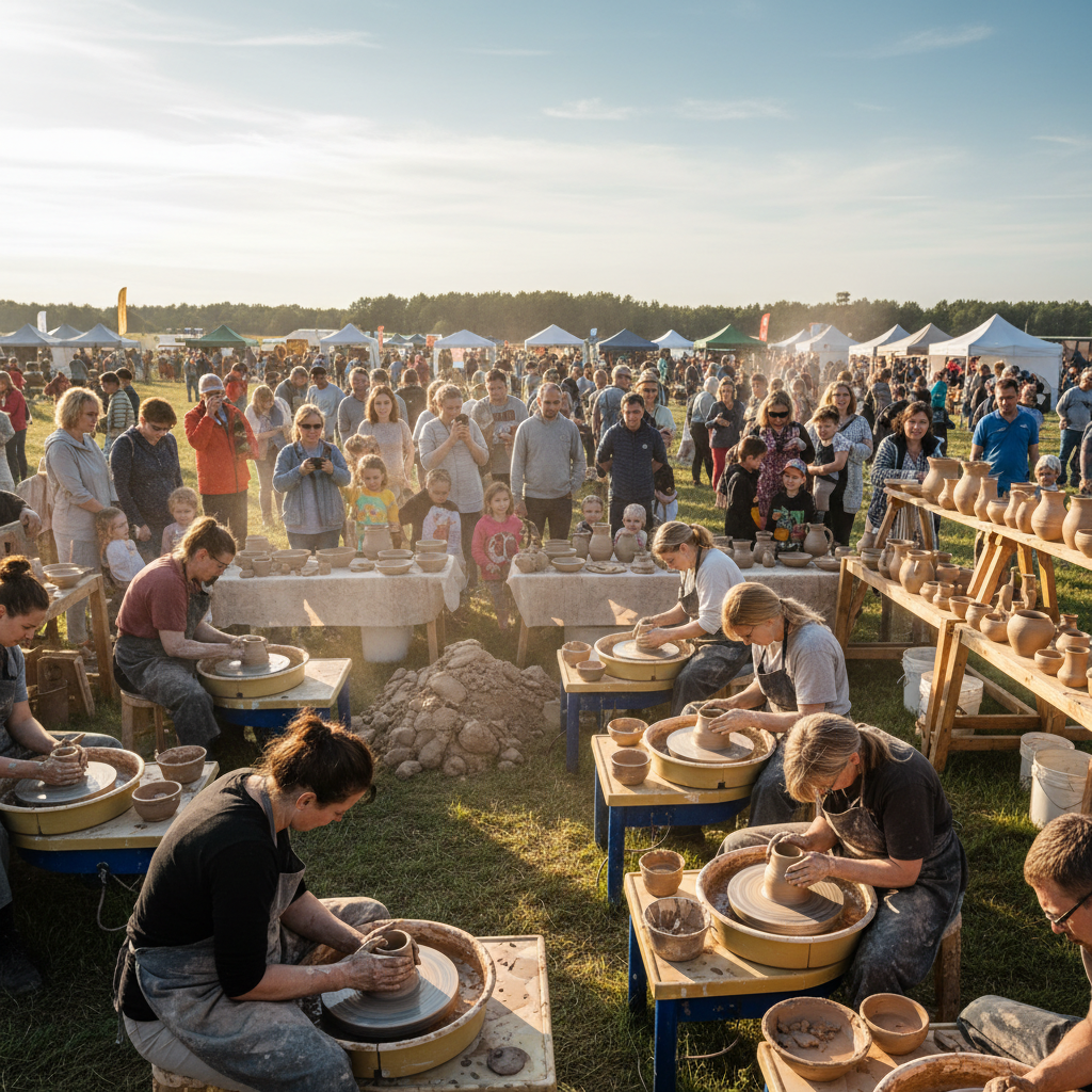 Outdoor pottery festival with multiple artisans demonstrating wheel throwing techniques to gathered crowd
