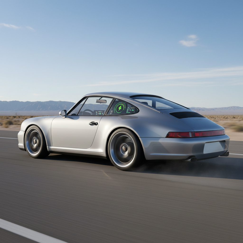 Same classic Porsche 911 after EV conversion, dash showing battery gauge, silent launch from rear quarter panel