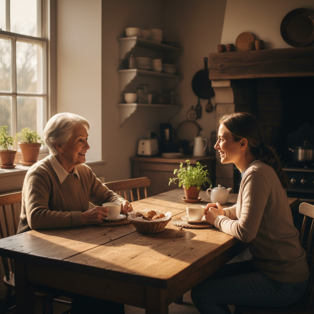 Two elderly people sitting at a kitchen table with a caregiver, warm afternoon light, relaxed atmosphere