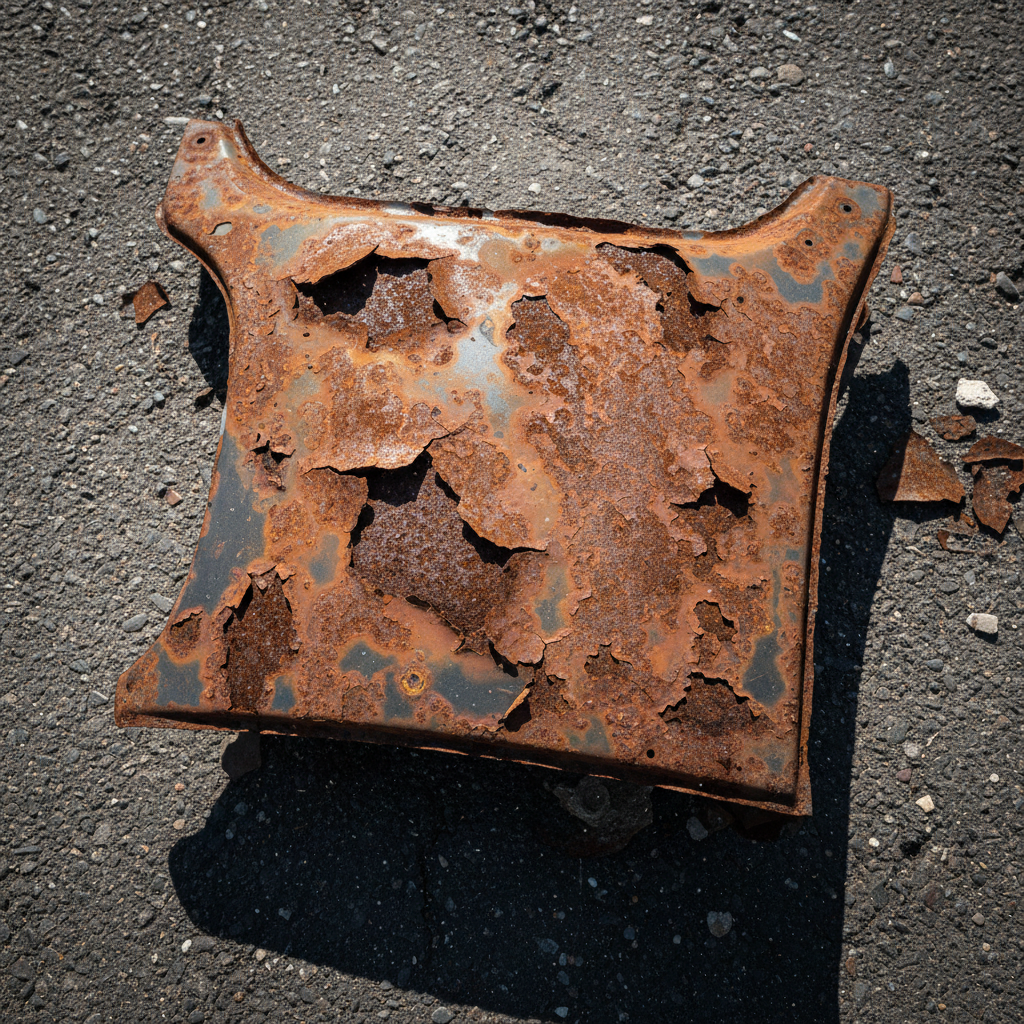 Rust-eaten car body panels stripped bare showing heavy corrosion damage