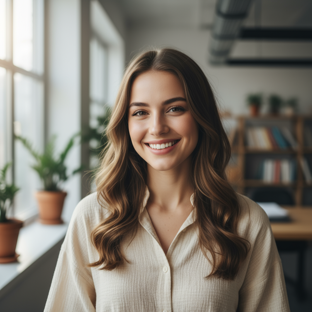 Young woman smiling in casual professional attire