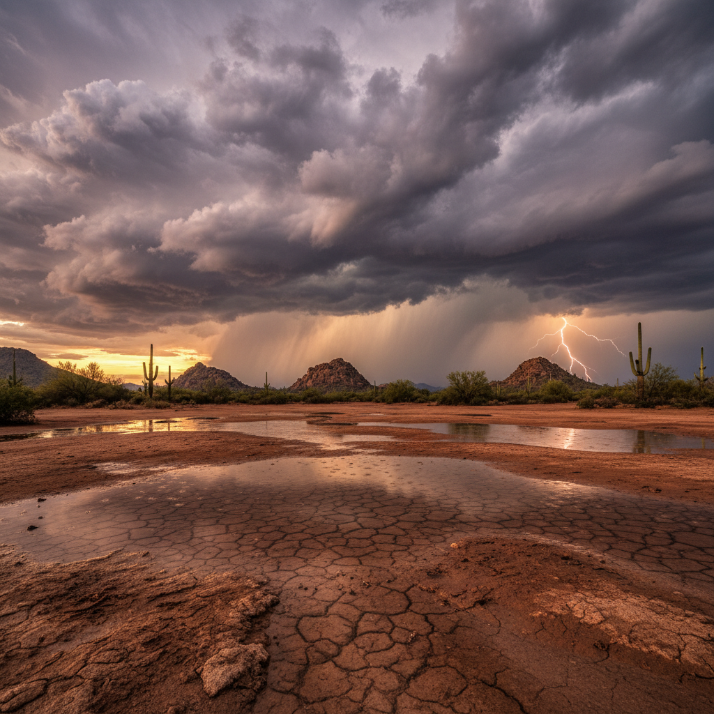 Dramatic cinematic shot of a massive monsoon storm approaching desert landscape with lightning and dramatic clouds
