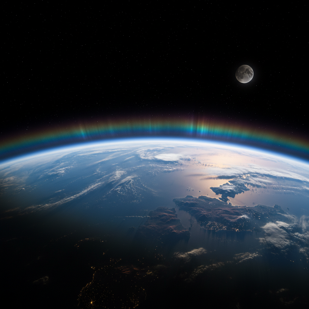 Earth from low orbit showing ionosphere layer and atmospheric glow