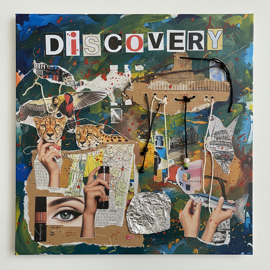 Complex mixed media collage with magazine cutouts, painted background and layered textures by an older child