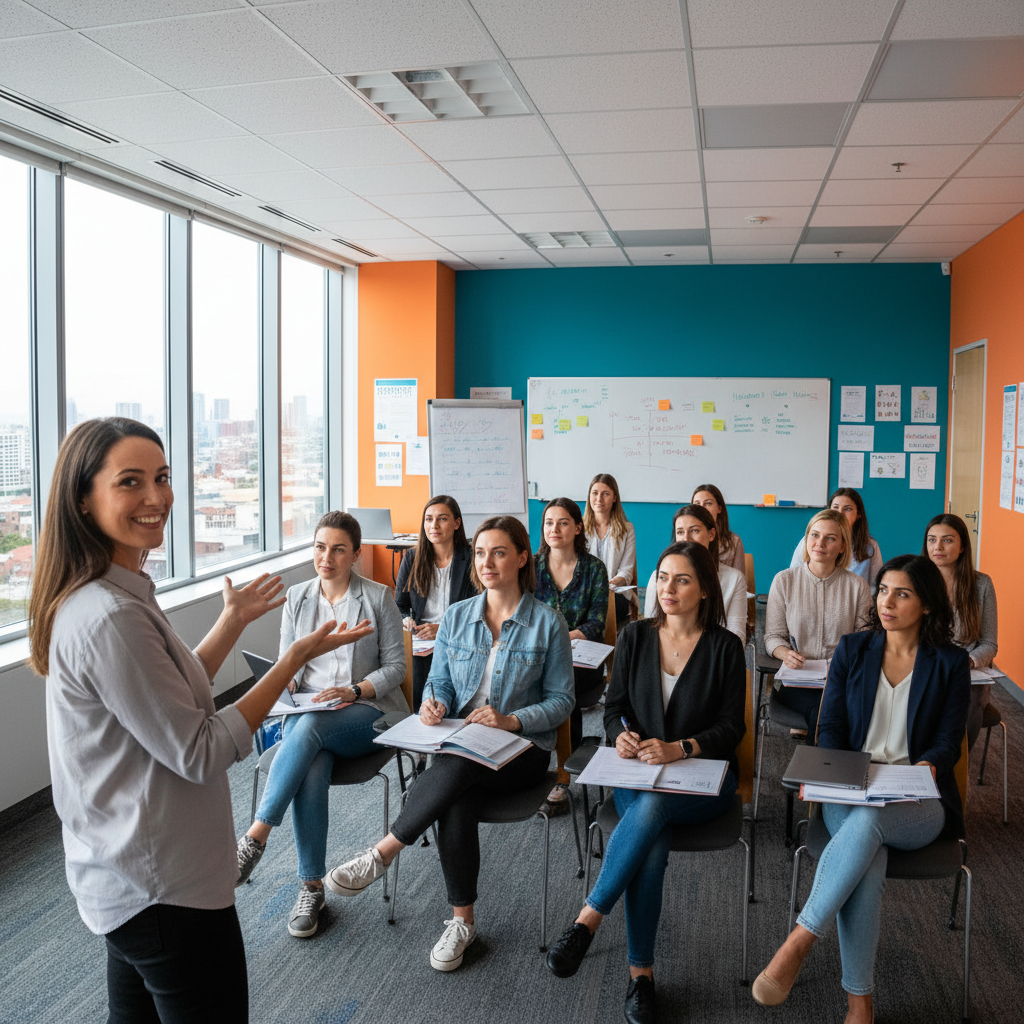 Women in learning workshop session, engaged and focused, warm indoor lighting, professional setting