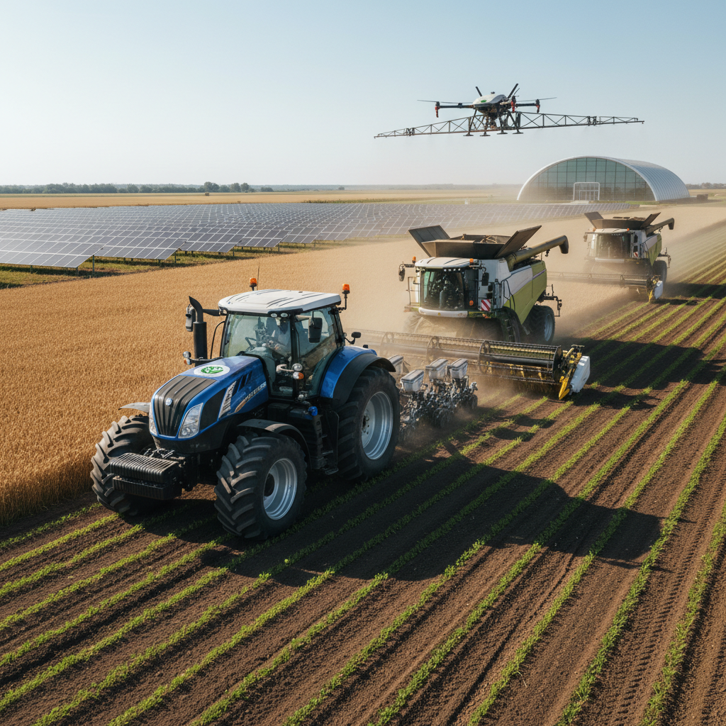 Modern agricultural field with digital farming equipment and monitoring sensors