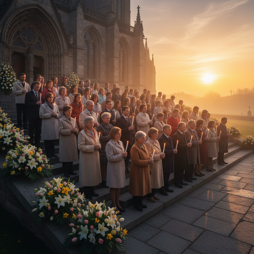 Catholic Easter sunrise service outdoors, congregation holding white candles in early morning light, stone cathedral steps in background with flower arrangements
