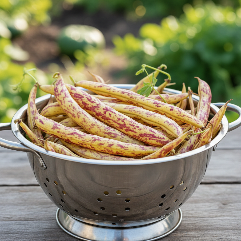 Colorful yellow and purple Dragon Tongue beans freshly harvested in a colander