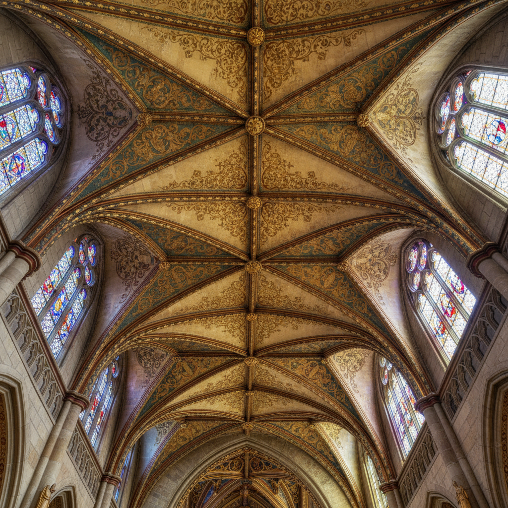 Church ceiling with ornate gold leaf gilding on ribbed vault bosses and hand-painted stencil border pattern