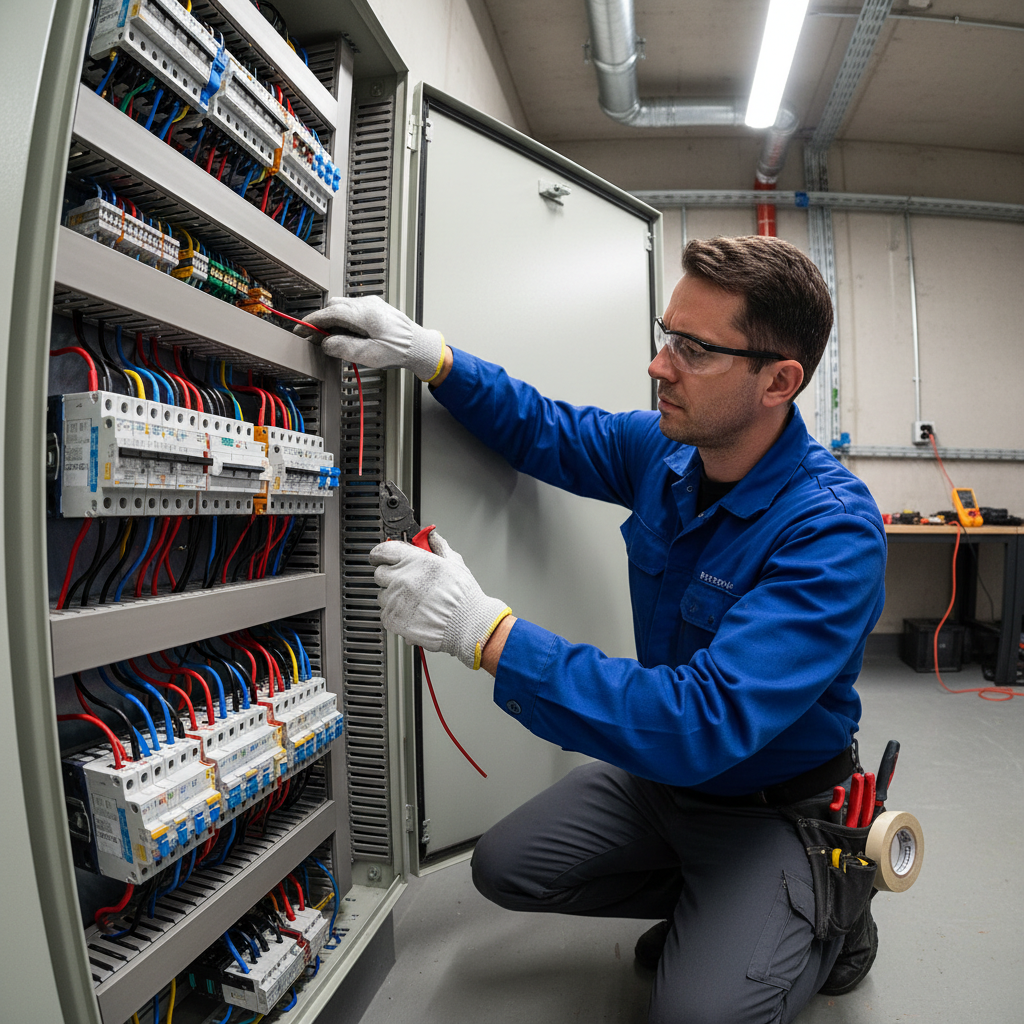Electrician in safety gear performing maintenance on large industrial electrical distribution board