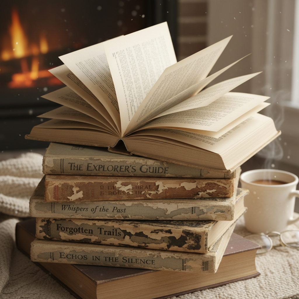 Stack of worn paperback books with visible margin notes and dog-eared pages on dark wood surface