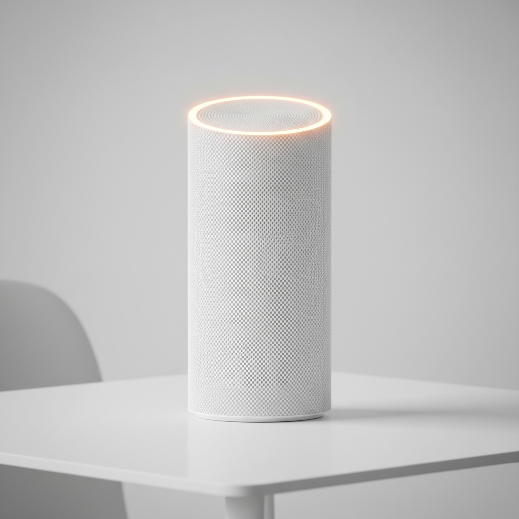 Smart home cylinder speaker with blue ring light on clean white surface