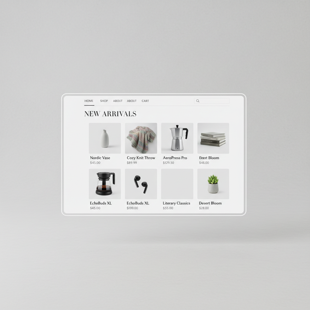 Online marketplace with product listings on dark background, blue and green UI elements, clean grid layout