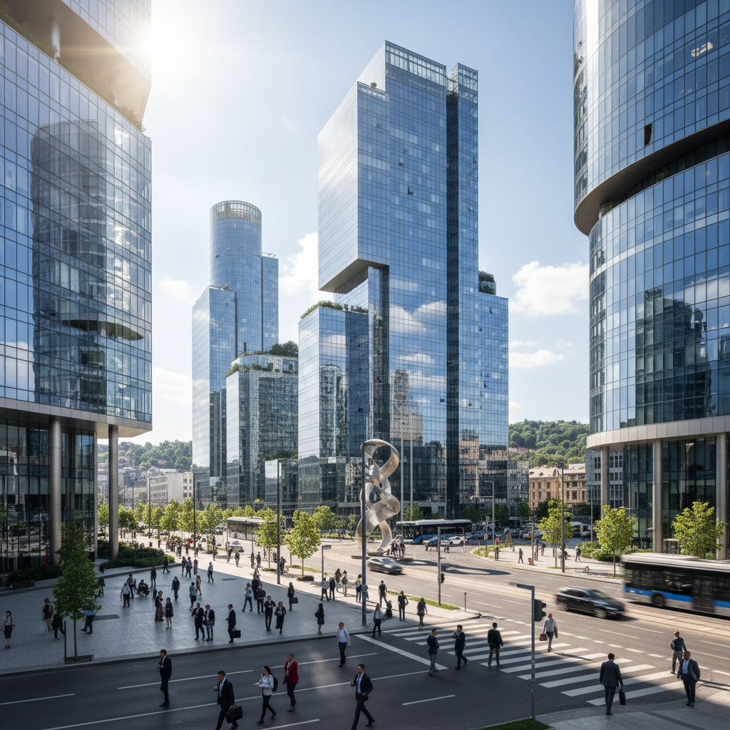 Modern Romanian business district with corporate headquarters showcasing market entry opportunities and relocation facilities