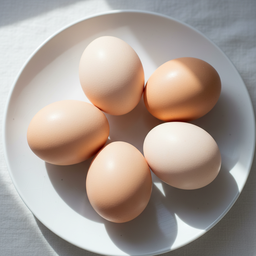 Three fresh eggs on white ceramic plate, soft natural light, minimalist food photography