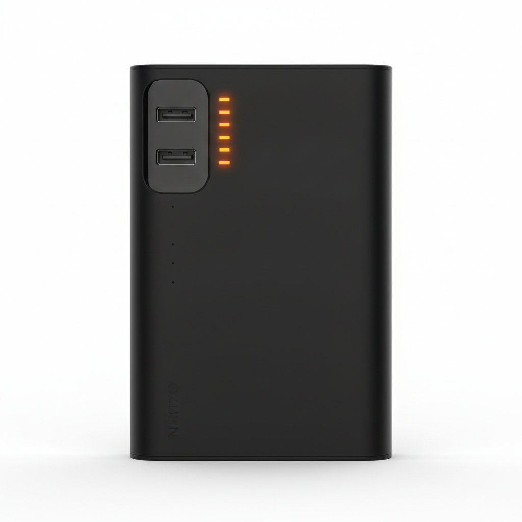 Slim black power bank with LED indicator and USB ports on white surface