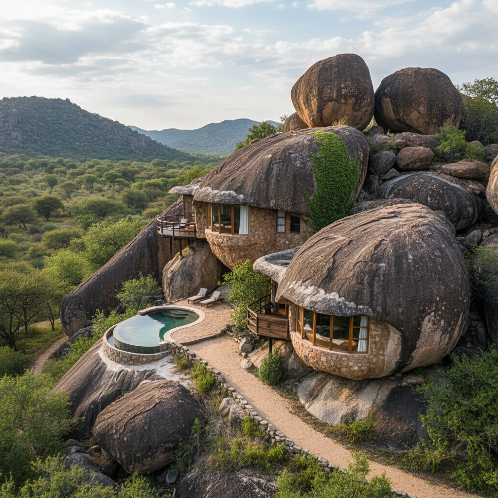 Amalinda lodge chalets built into ancient granite boulders in Matobo Hills