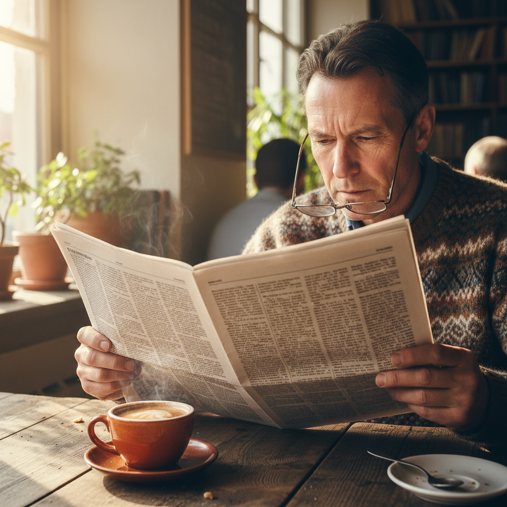 Morning ritual of a regular customer reading a newspaper with their usual espresso