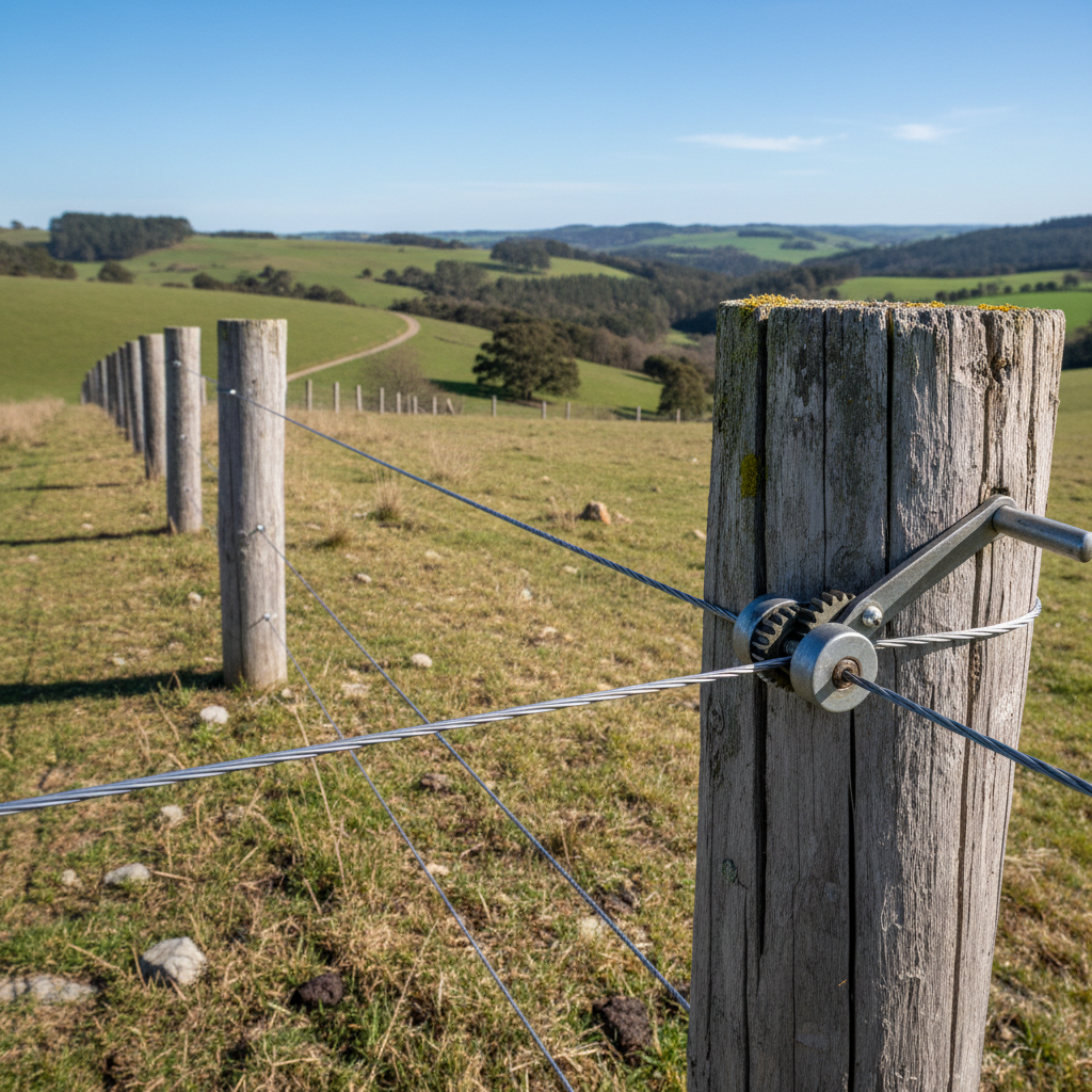 Tension wire being stretched along fence posts with a professional tensioning tool, wire taut and level
