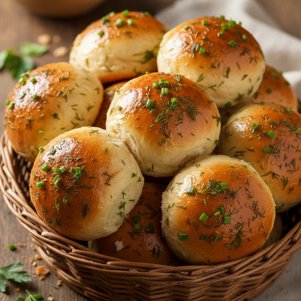 Soft garlic pampushka rolls glazed with herb oil in a rustic basket
