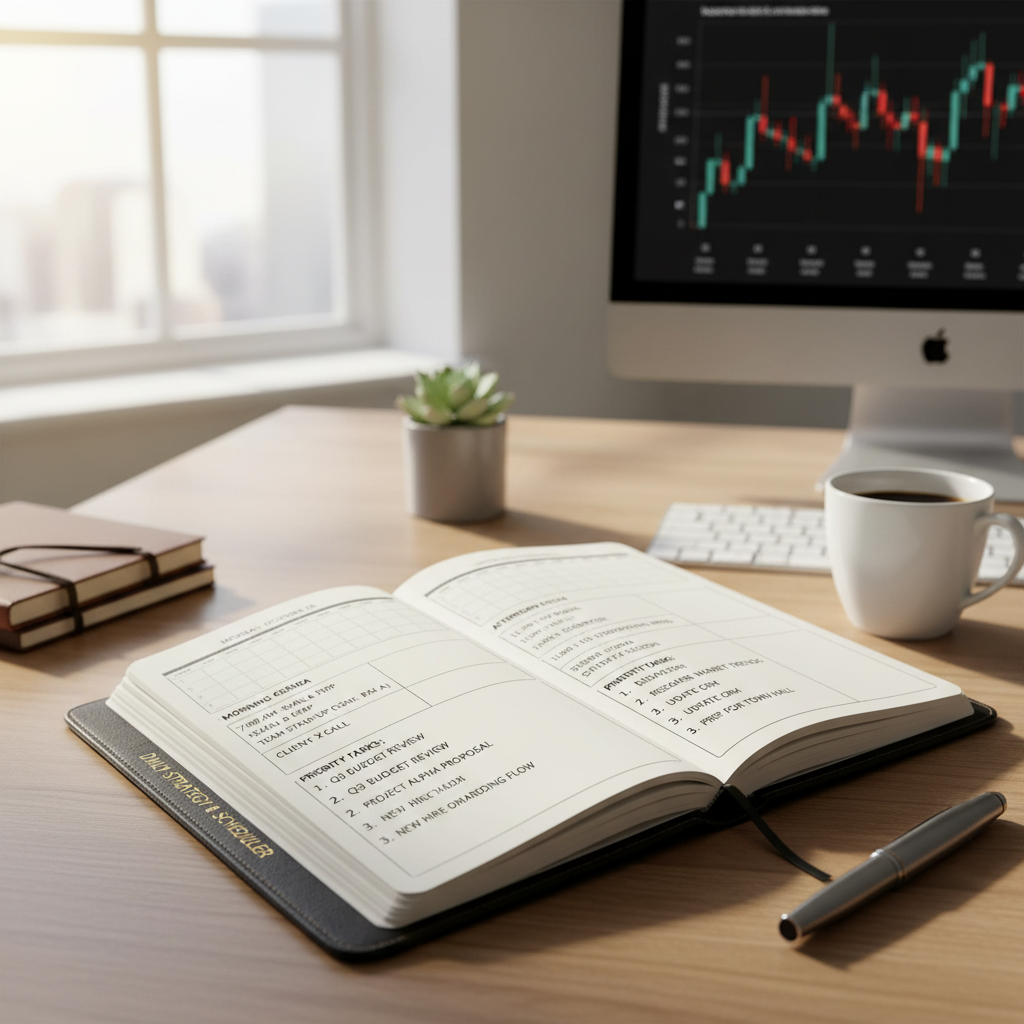 Morning coffee and open planner on wooden desk with soft morning light streaming through window