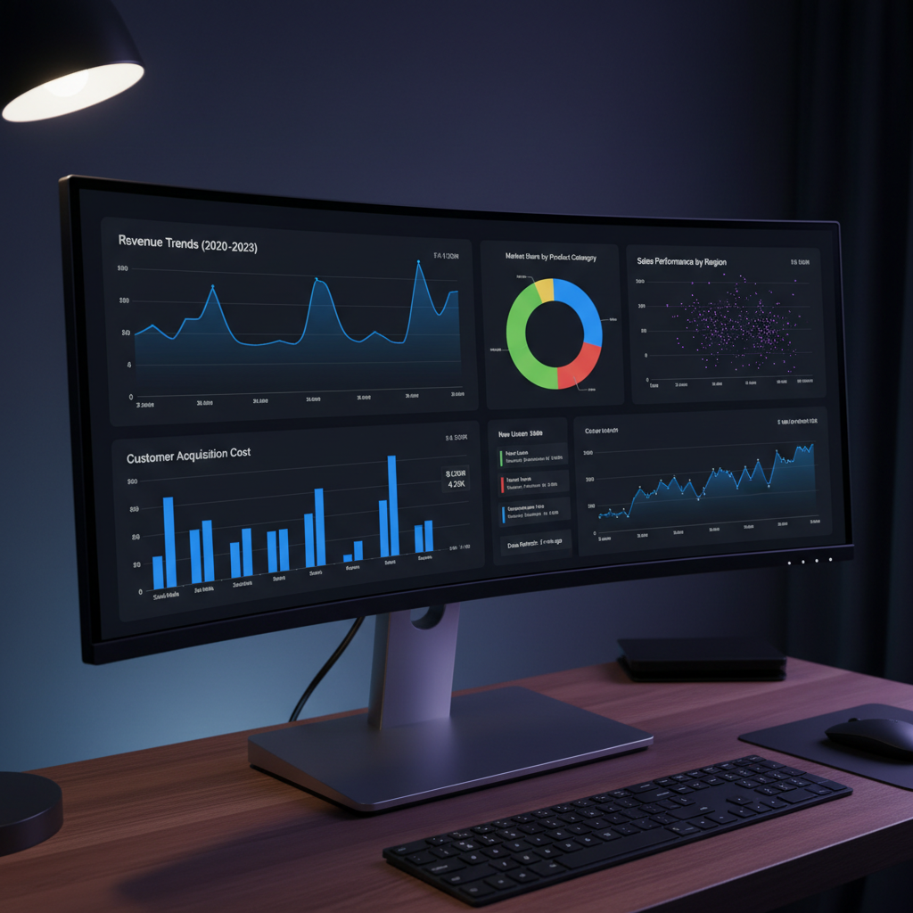 Data visualization charts on dark monitor screen with low ambient office lighting, analytical environment