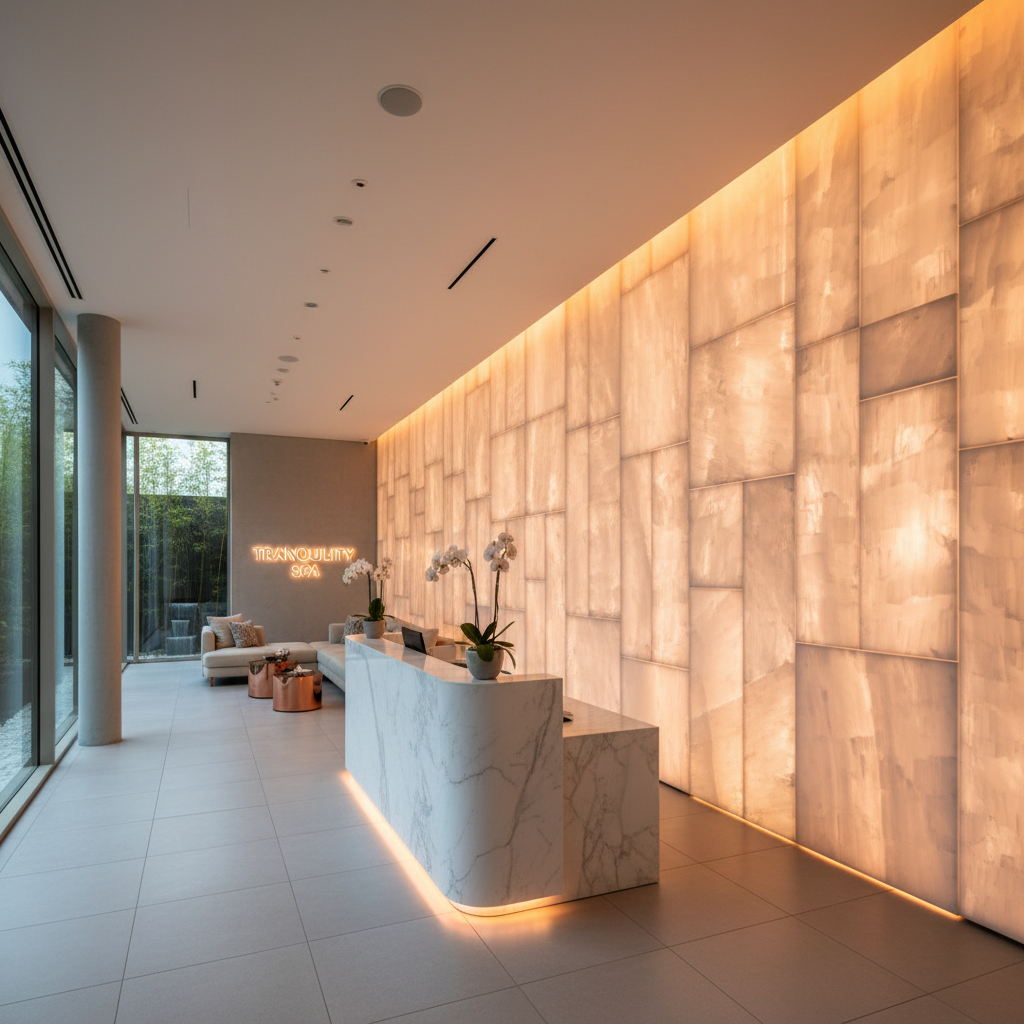 Spa reception area with lavender flowers and soft ambient lighting