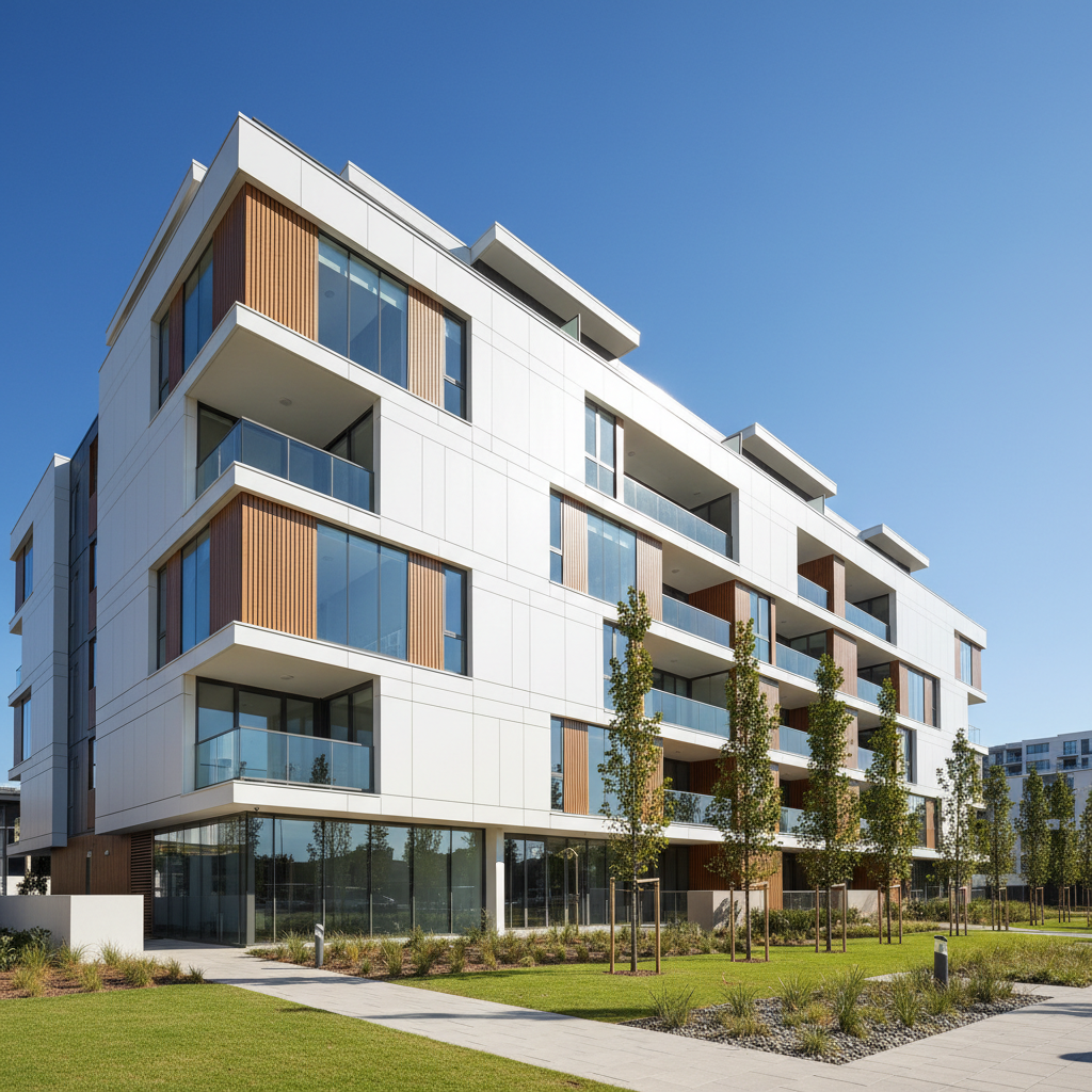 Multi-unit apartment complex exterior, modern building, bright daylight, residential commercial property