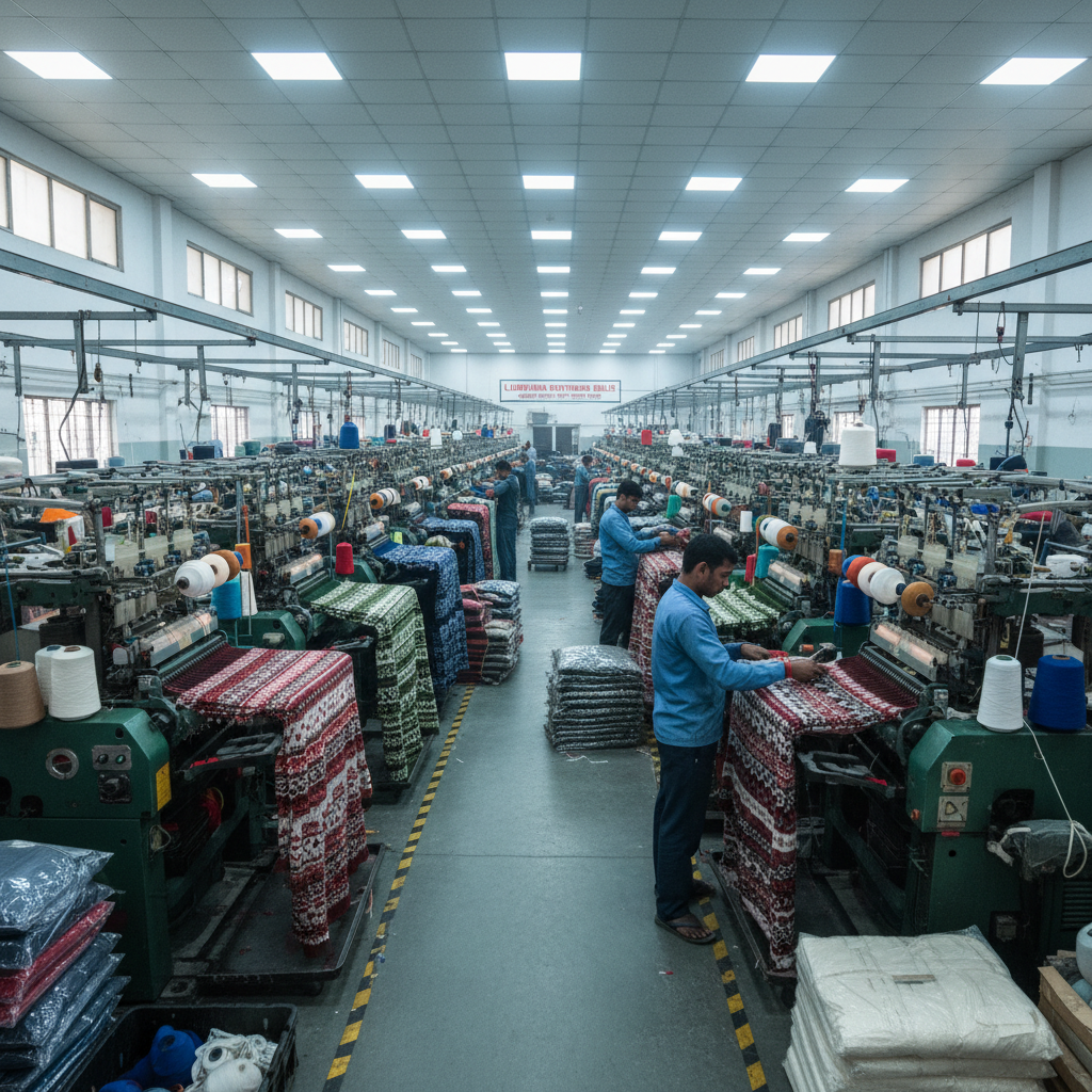 Modern knitting factory in Ludhiana with rows of industrial knitting machines producing jersey fabric