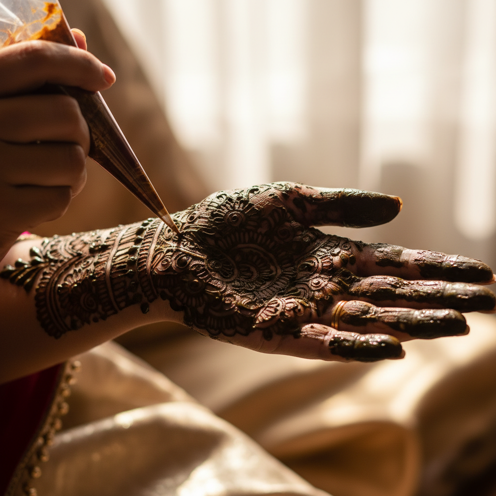 Mehndi artist applying henna on bride's hand, detailed close-up, warm lighting