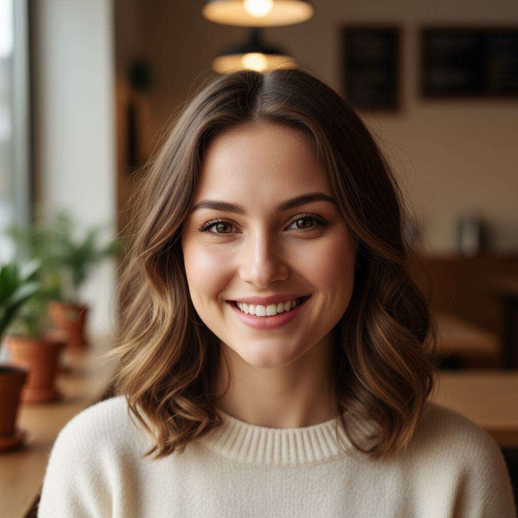 Smiling young woman with dark hair and warm expression for testimonial photo