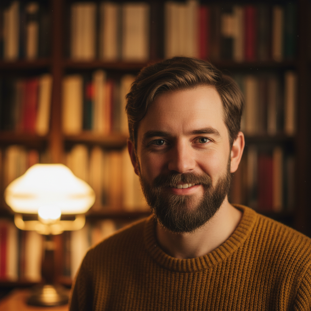 Portrait of the Spine channel host — a person in warm lamplight with bookshelves behind them
