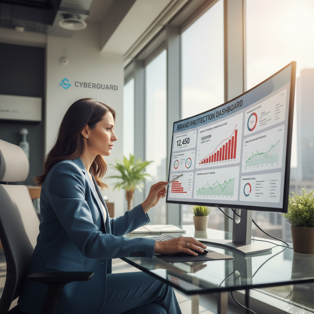 Business professional reviewing brand protection dashboard showing domain spoofing attempts blocked and email deliverability metrics