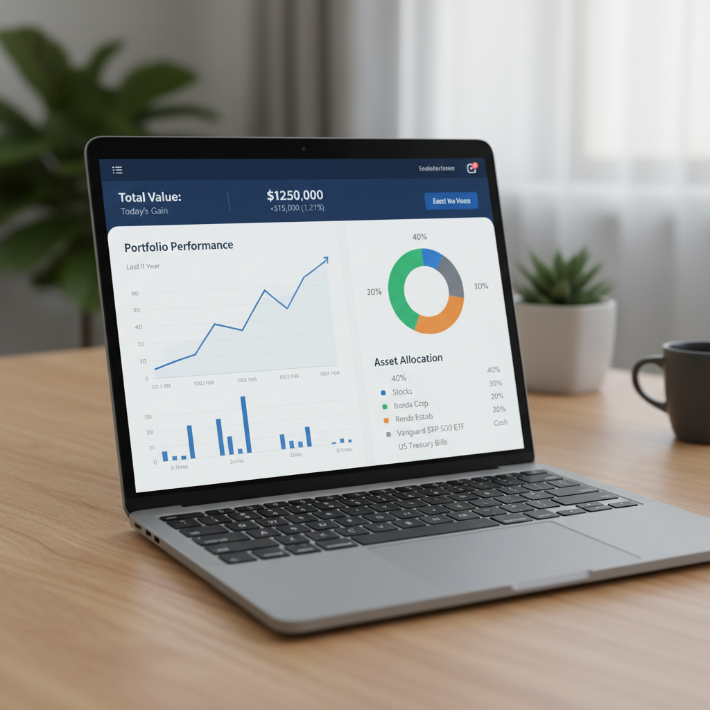 Investment portfolio performance charts showing diversified asset allocation across multiple screens