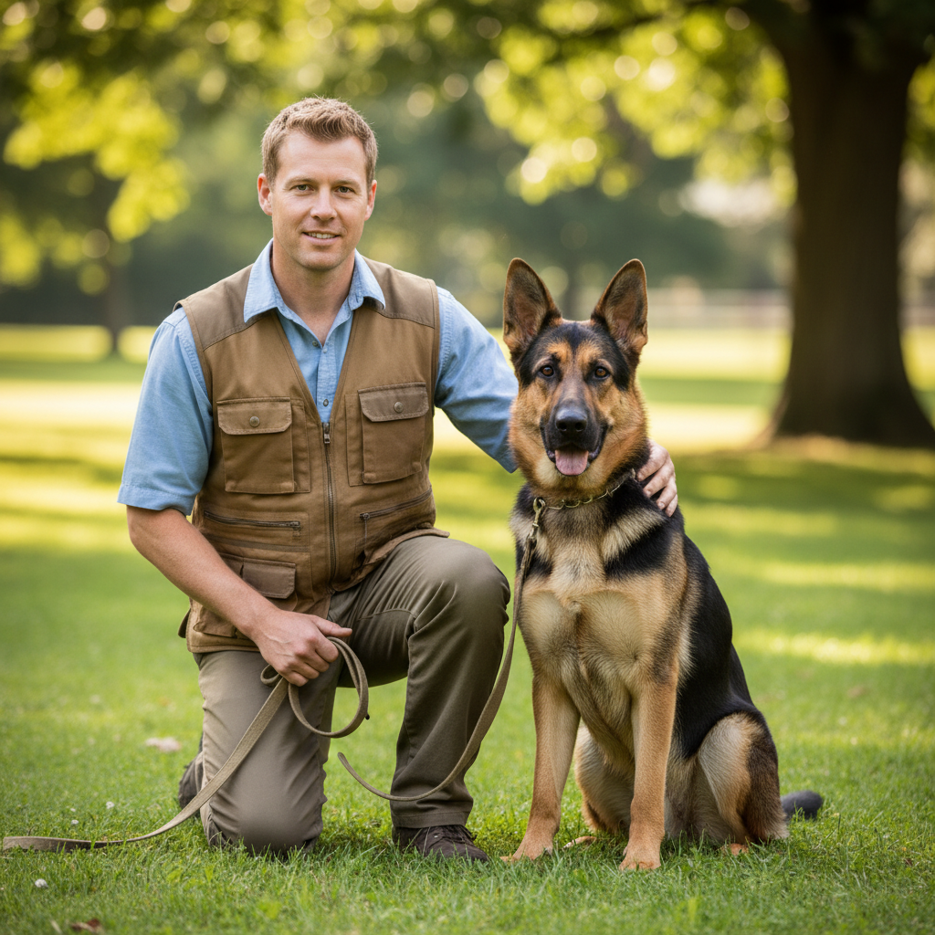 Marcus Webb, dog trainer in a park kneeling beside a calm German Shepherd on a loose leash, wearing a tan training vest