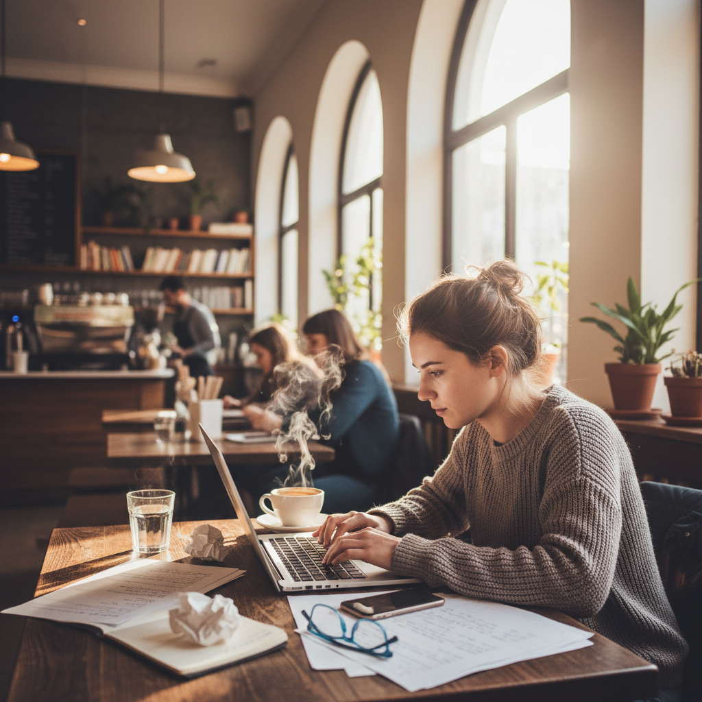 Person writing on laptop in bright coffee shop with sunlit wooden table